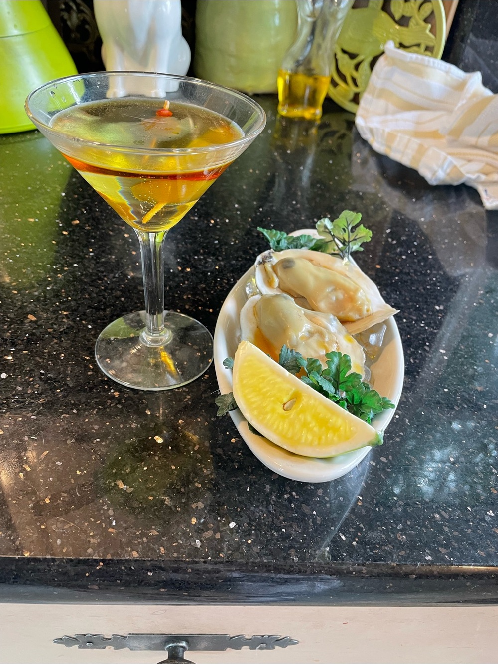 Clear Glass Martini Coupe with Lemon and Oyster Ceramic dish